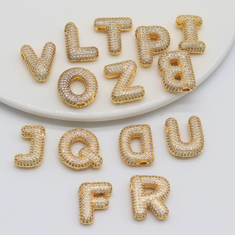14K Gold Plated Copper Puffy Initial Letter Pendant With Zirconia For DIY Necklace Bracelet Making Jewelry Pendant Only