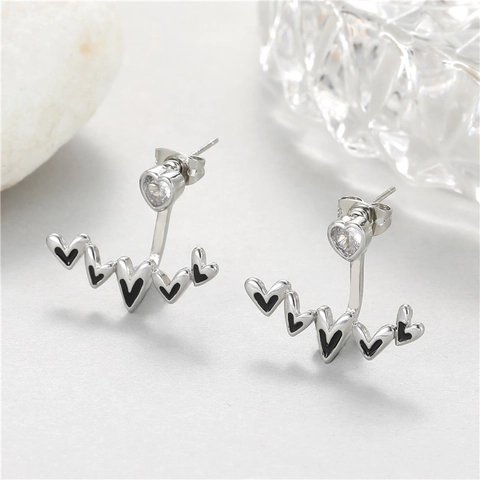 Fashion Copper Heartbeat Heart Ear Jacket Stud Earrings With 925 Sterling Silver Earring Post Rhinestone Jewelry For Women