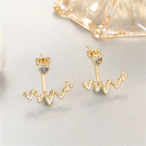 Fashion Copper Heartbeat Heart Ear Jacket Stud Earrings With 925 Sterling Silver Earring Post Rhinestone Jewelry For Women