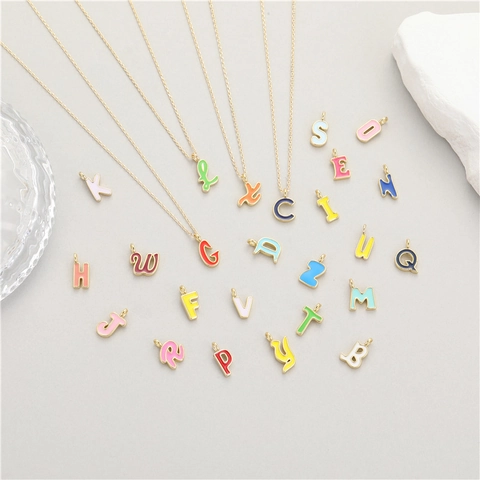 14K Gold Plated Copper Colorful Enamel English Letter Pendant DIY Jewelry Accessory Rhinestone Tiny Charm Pendant Only