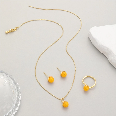 Neo-Chinesisch Minimalist Kupfer Schmuck Halskette Ohrstecker Verstellbarer Ring Künstlich Bernstein Perlen Gold Überzogen Mode Damen