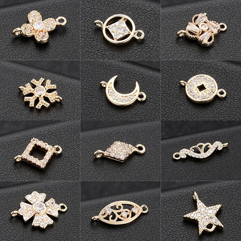 14K Vergoldete Kupfer Strass Schmuckverbinder Für DIY Ohrringe Halskette Armband Herstellung Schneeflocke Mond Stern Blume Form Links Zubehör