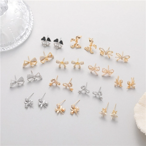 Luxe Strik Oorknopjes Koper Verguld Met Zirconia En 925 Sterling Zilver Stift Mode DIY Sieraden Onderdelen