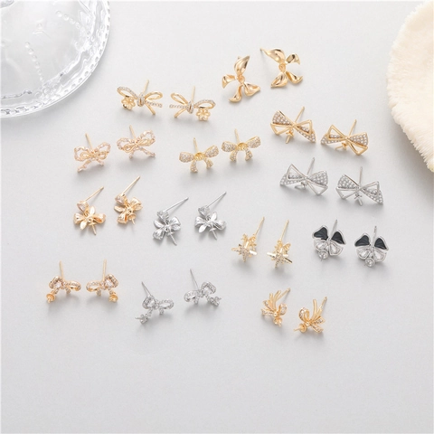 Luxe Strik Oorknopjes Koper Verguld Met Zirconia En 925 Sterling Zilver Stift Mode DIY Sieraden Onderdelen