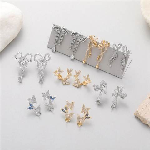 DIY Kupfer Zirkonia Schmetterling Schleife Ohrring-Zubehör Mit 925 Sterlingsilber Stift Gold Silber Galvanisierter Schmuck
