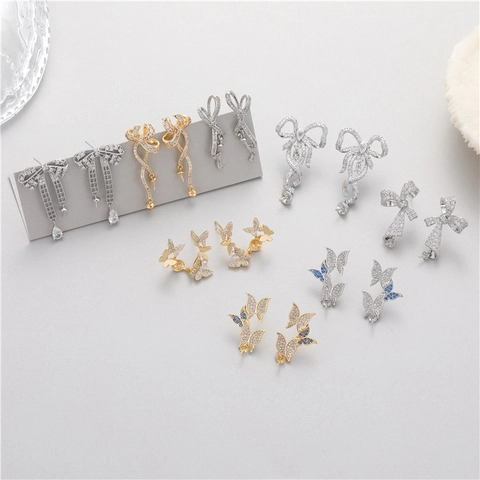 DIY Kupfer Zirkonia Schmetterling Schleife Ohrring-Zubehör Mit 925 Sterlingsilber Stift Gold Silber Galvanisierter Schmuck