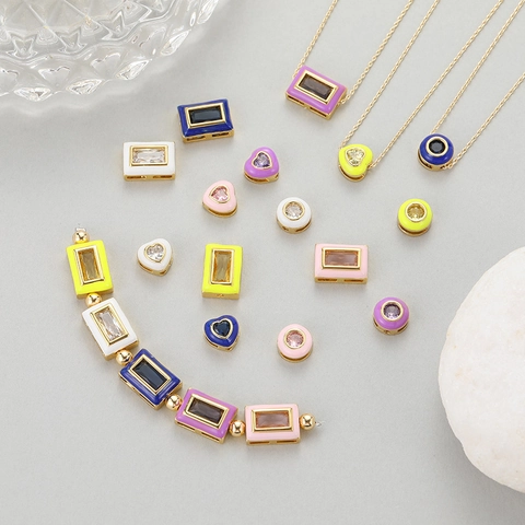 14K Gold Plated Copper Zircon Geometric Charms Enamel Heart Round Rectangle Pendants For DIY Jewelry Bracelet Necklace Accessories