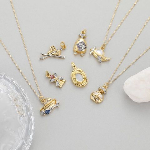 14K Gold Plated Copper Zirconia Travel Pendants Airplane Snow Boot Suitcase Windmill DIY Jewelry Making Accessory Charms
