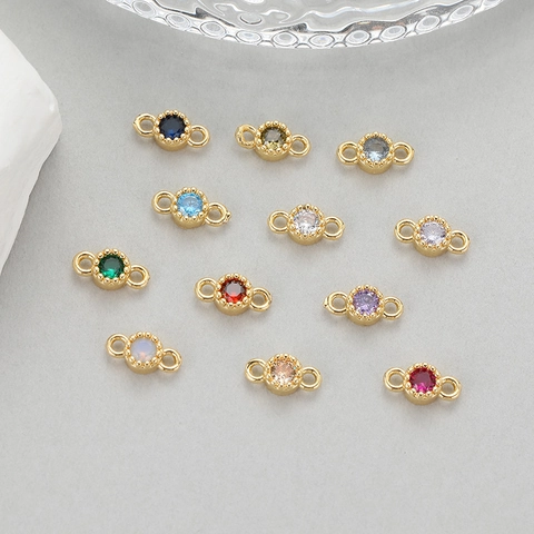 14K Gold Plated Copper Round Colored Zircon Pendants DIY Connectors For Necklace Bracelet Jewelry Making Women Accessories