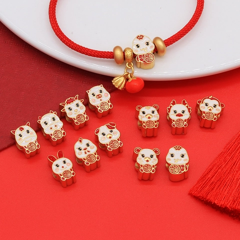 DIY Chinese Zodiac Animal Charms Jewelry Making Copper Sand Gold Plated Enamel Beads Blessing Fortune Pendant For Bracelet