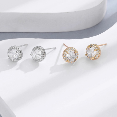 Minimalist Round Halo Zirconia Stud Earrings For Women With 925 Sterling Silver Earring Post Copper Base Simple Fashion Jewelry