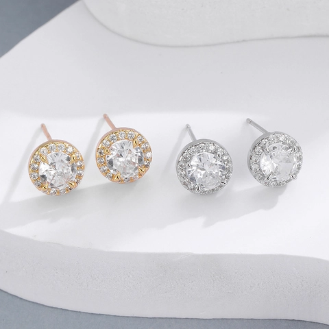 Minimalist Round Halo Zirconia Stud Earrings For Women With 925 Sterling Silver Earring Post Copper Base Simple Fashion Jewelry