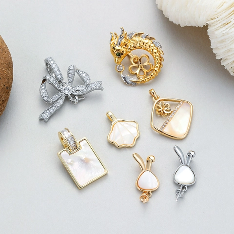 Copper Gold Plated Mother Of Pearl Zirconia Pendants For Jewelry Making DIY Rabbit Butterfly Fan Shaped Shell DIY Charms