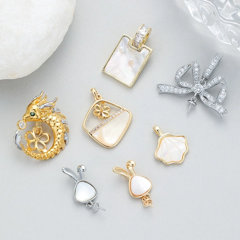 Copper Gold Plated Mother Of Pearl Zirconia Pendants For Jewelry Making DIY Rabbit Butterfly Fan Shaped Shell DIY Charms