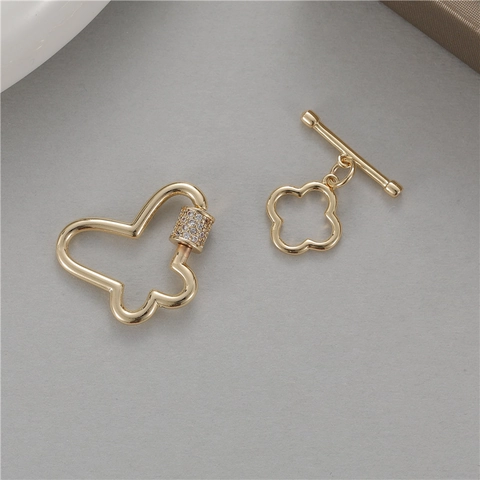14K Gold Plated Copper Butterfly Screw Carabiner Clasp Clover Toggle OT Buckle For DIY Necklace Bracelet Making Findings