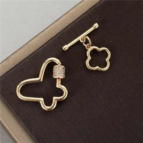 14K Gold Plated Copper Butterfly Screw Carabiner Clasp Clover Toggle OT Buckle For DIY Necklace Bracelet Making Findings