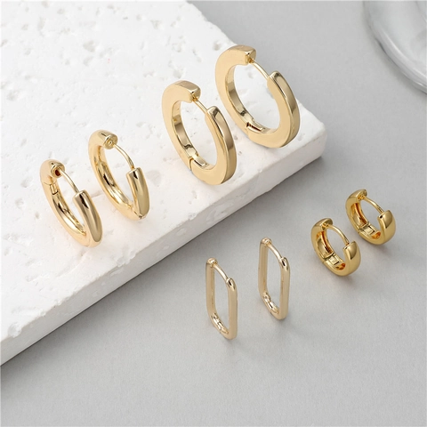 Minimalist 14K Gold Plated Copper Chunky Hoop Earrings Geometric Rectangle Round Huggie Earrings For Women Men Fashion Jewelry