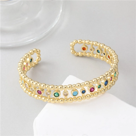 Bracelet Jonc en Cuivre Vintage Style Indien pour Femmes Zirconia Coloré Plaqué Or Bijoux de Luxe Ethniques Danse du Ventre