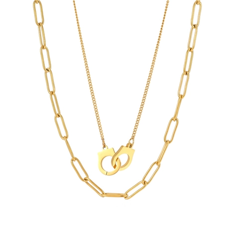 Stainless Steel Gold Plated Double Layer Necklace For Women Handcuff Pendant Paperclip Chain Punk Fashion Jewelry Neck Accessory