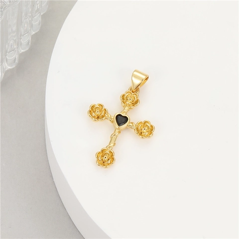 14K Gold Plated Brass Cross Pendant For DIY Jewelry Making Accessories With Colorful Rhinestone Heart Rose Flower Religious Charms
