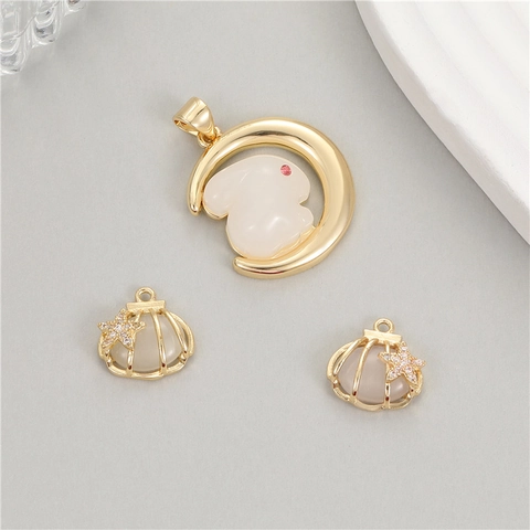 Colgante de Cobre Chapado en Oro de 14K Imitación Jade Conejo Luna Estrella de Mar Concha Para DIY Collar Pulsera Accesorios Joyería