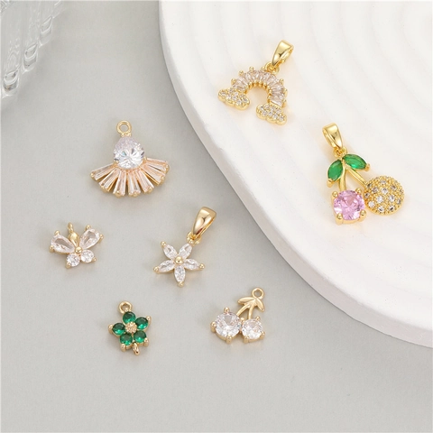 Brass 14K Gold Plated Zircon Pendants Rainbow Cherry Butterfly Flower Fan Shaped DIY Jewelry Making Accessories For Women