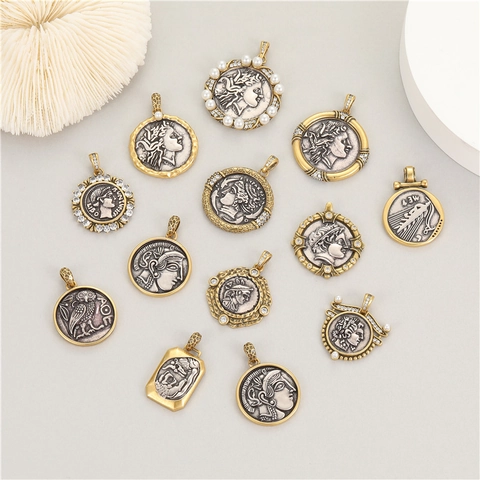 Vintage Roman Coin Pendants For Jewelry Making Brass Athena Relief Round Ancient Coins Charms For DIY Necklace Pendants