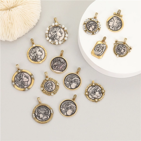 Vintage Roman Coin Pendants For Jewelry Making Brass Athena Relief Round Ancient Coins Charms For DIY Necklace Pendants