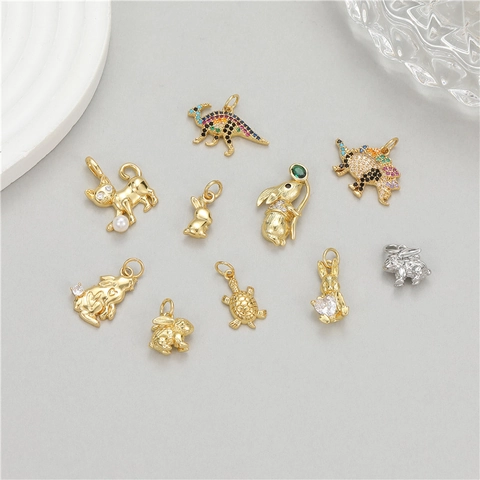 DIY Μενταγιόν Σειρά Ζώων 14K Επιχρυσωμένο Χαλκό Ζιρκόνια Χαριτωμένο Κουνέλι Γάτα Δεινόσαυρος Χελώνα Charms για Κατασκευή Κοσμημάτων