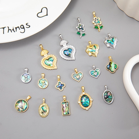 Copper Abalone Shell Rhinestone Pendants Heart Flower Clover For Jewelry Making DIY Pendant Only Without Chain Accessoires