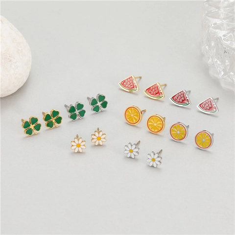 Süße Frucht Blumen Ohrstecker Edelstahl Gänseblümchen Wassermelone Orange Vierblättriges Kleeblatt Ohrringe Für Damen Schmuck