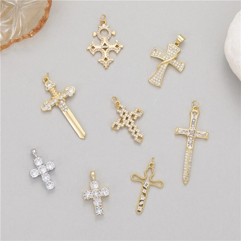 14K Vergulde Koperen Zirkonia Kruis Hangers Gepersonaliseerde Zwaard Dolch Hangende Ornamenten DIY Sieraden Maken Accessoires Voor Dames Heren