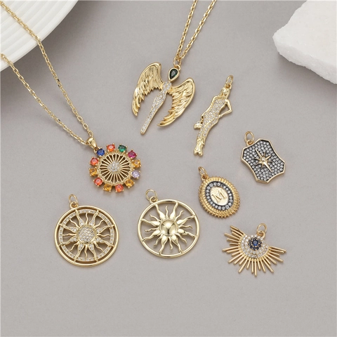14K Gold Plated Copper Micro Inlaid Zirconia Pendant Sun Angel Shield Evil Eye Heart Letter M Charms For DIY Necklace Bracelet Making Women Jewelry