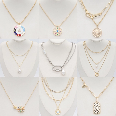 Copper Mother Of Pearl Artificial Pearl Rhinestone Layered Necklace For Women Hip Hop Evil Eye Moon Star Pendant Jewelry