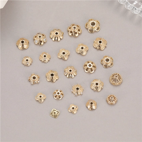 14K Gold Plated Copper Bead Caps Flower Pattern Rhinestone Spacer Beads DIY Jewelry Making Findings Craft Accessories