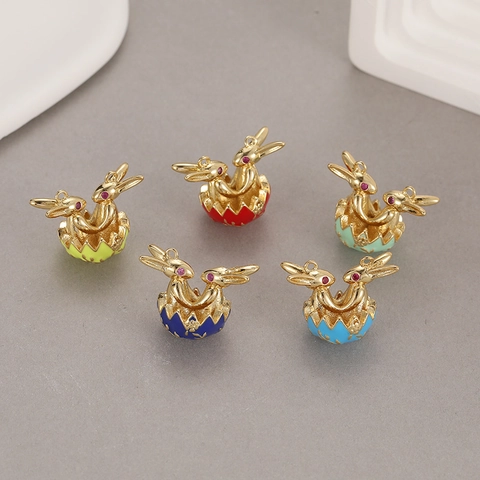 Easter Rabbit In Egg Shell Pendant Copper 14K Gold Plated Enamel Bunny Charm For DIY Jewelry Necklace Making Accessary