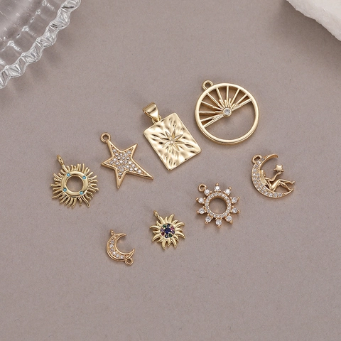 DIY 14K Gold Plated Copper Celestial Pendant For Necklace Bracelet Sun Moon Star Fairy Charms With Cubic Zirconia
