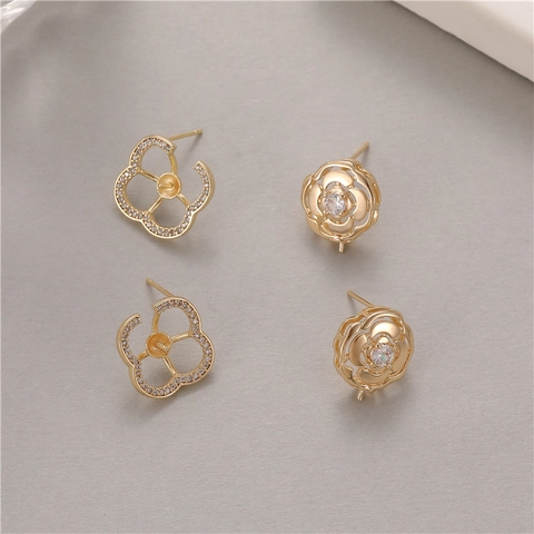 Elegant Camellia Flower Stud Earrings With 925 Sterling Silver Earring Post Zircon Clover Design Gold Plated Women Jewelry
