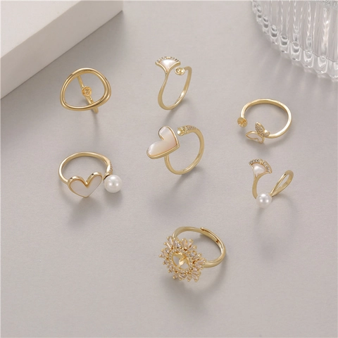 Fashion Minimalist Copper Open Ring Adjustable Mother of Artificial Pearl Heart Butterfly Ginkgo Leaf Artificial Pearl Zirconia Gold Silver Rings Women Jewelry