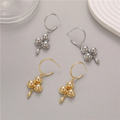 Fashion 925 Sterling Silver Earring Post Copper Drop Earrings Triple Metal Ball Waterdrop Pendant Hoop Earrings For Women