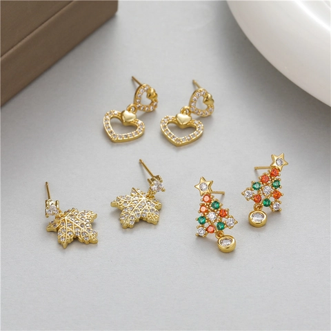 Fashion Christmas Tree Maple Leaf Heart Stud Earrings Gold Plated Rhinestone Jewelry With 925 Sterling Silver Earring Post