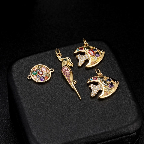 14K Gold Plated Copper Pendants Multicolor Cubic Zirconia Animal Fish Parrot Round Charms For DIY Jewelry Making Accessories
