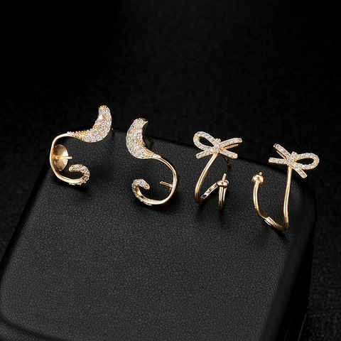 Copper Gold Plated DIY Earring Stud Findings With 925 Sterling Silver Earring Post Zircon Bow S-Curve Shape Accessory Materials