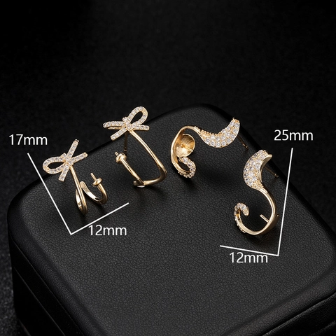 Copper Gold Plated DIY Earring Stud Findings With 925 Sterling Silver Earring Post Zircon Bow S-Curve Shape Accessory Materials