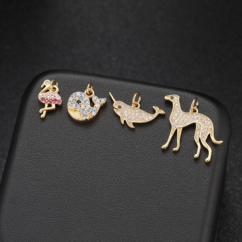 14K Gold Plated Copper Animal Pendant With Zirconia For Jewelry DIY Making Whale Flamingo Greyhound Narwhal Charm For Women