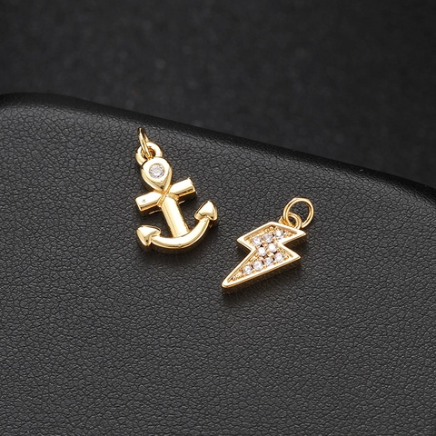 Minimalist 14K Gold Plated Copper Pendant Rhinestone Inlaid Anchor Lightning Bolt Charm For DIY Necklace Clothing Accessory Jewelry Making