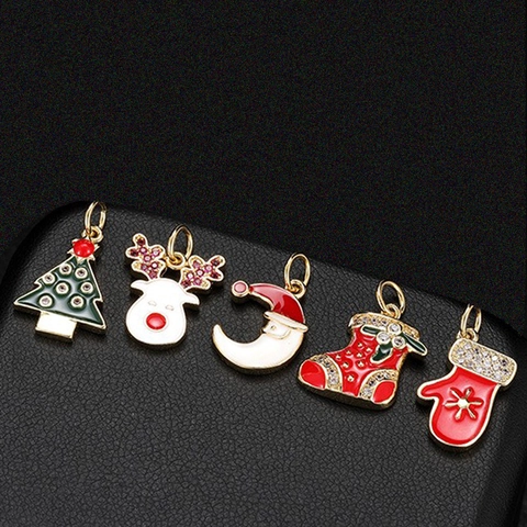 Christmas Pendant Copper Gold Plated Enamel Zirconia Charms For DIY Jewelry Making Reindeer Tree Moon Glove Sock Accessory