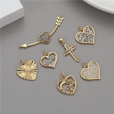 14K Gold Plated Copper Zirconia Inlaid Cross Heart Cupid Arrow Pendants DIY Necklace Jewelry Making Findings Charms