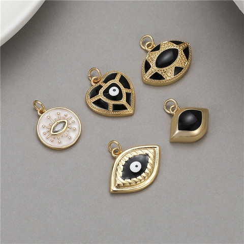 14K Gold Plated Copper Evil Eye Pendant Rhinestone Enamel Heart Round Charm For DIY Jewelry Making Necklace Accessories