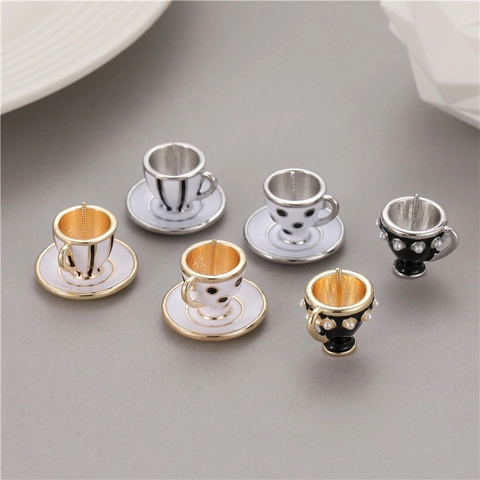 Mini Coffee Cup Saucer Copper Enamel Pendant For DIY Artificial Baroque Pearl Holder Handcrafted Jewelry Making Accessories For Women